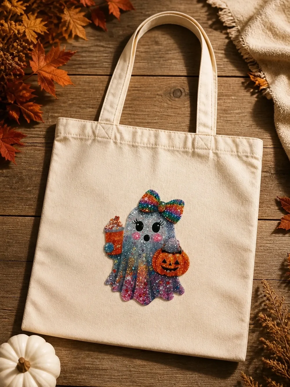 Sparkle Ghost w/ Cappuccino 100% Heavy Duty Cotton Cream Canvas Tote Bag